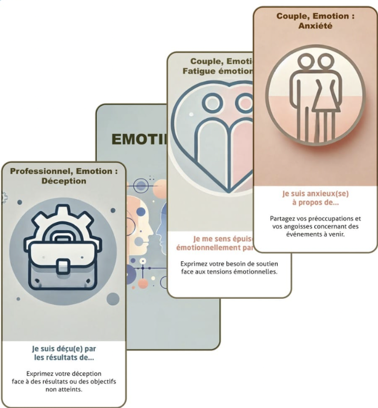 Jeu de carte émotion, gestion conflits tensions,  interactif, innovant, papier recyclé, Méthode Gordon, professionnel, couple , enfant